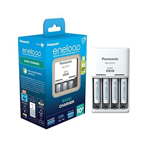 eneloop Basic Cargador, para 2 o 4 Pilas Recargables AA/AAA, 10h de Tiempo de Carga, 6 Funciones de Seguridad, 4 Pilas eneloop AAA (800 mAh) Incluidas