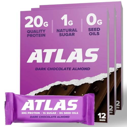 Image of Atlas Real Food Protein Bar - 20g Clean Protein, 1g Sugar, No Seed Oils, No Artificial Sweeteners (Dark Chocolate Almond, 36 Count)