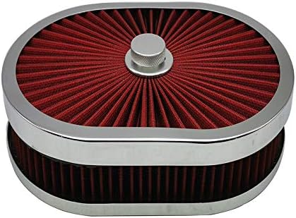 HotRod99 Performance Super Flow Oval 12''2'' Air Filter Flat Top Assembly Kit Red Element and Chromed Base Washable and Reusable Replacement Air Cleaner with Mounting Stud and Wing Nut Kit