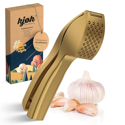 kjøk Premium Prensa de ajo de aleación de zinc en oro mate - Prensa-ajo profesional, apta para lavavajillas, práctica y elegante - Garlic Pro Press, fácil de limpiar