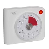 TFA Dostmann Minuterie analogique à piles, 38.2058.02, avec alarme très puissante et voyant clignotant, 60 minutes, minuterie de cuisine, minuteur, adaptée au sport ou aux examens, magnétique, blanche