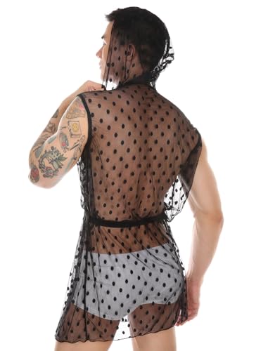 ABAFIP Men's Sissy Nightwear Hoodie Sheer Mesh Nightgown Polka Dot Kimono Tie Front Robe Crossdress Nightdress4