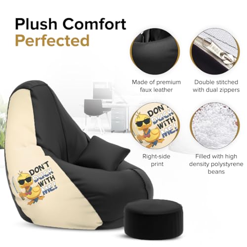 Image of Amazon Brand - Solimo Premium Faux Leather Bean Bag Combo with Footrest & Cushion, Filled with Beans | Capacity: Upto 6 Ft 3 in Height, 120 KG Weight | 3XL | Don't Duck with Me | Black