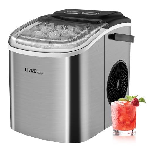 LIVINGbasics Machine à glace en acier inoxydable, auto-nettoyage,9 Cubes en 6-12 min 26 Lbs/Jour. 1.2L Réservoir de stockage d'eau. Vue couvercle de fenêtre. 35dB. Eau auto & Alertes de glace. & panier inclus.