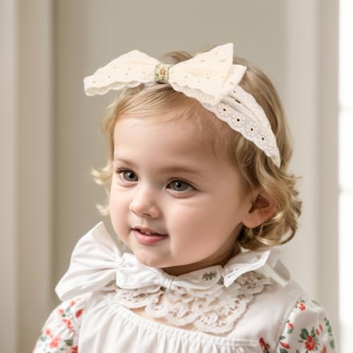 Bethynas Baby White Lace Elastic Headband Toddler Hair Bow Baptism Christening Hairband Infant Soft Fabric Birthday Party Headwrap Accessory for Newborn Little Girl (Off-white 8, Elastic)3