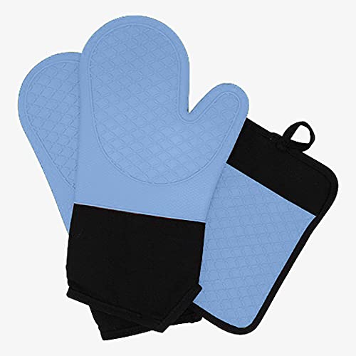 Ecoberi Oven Mitt And Pot Holder Set - Heat Resistant Silicone, Non-Slip Grip, Cotton Lining, Cook, Bake, Bbq, Set Of 3, Light Blue #TOP2