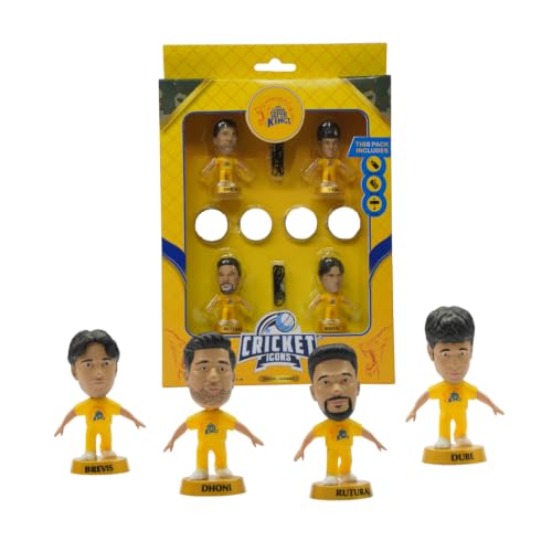Image of Chennai Super Kings Action Figures with Keychain, Velco Sticker & Car Hanging Mirror String - Pack of 4, IPL Edition, Colletables with 360 Rotatable Heads, for Cricket Fans & Collectors