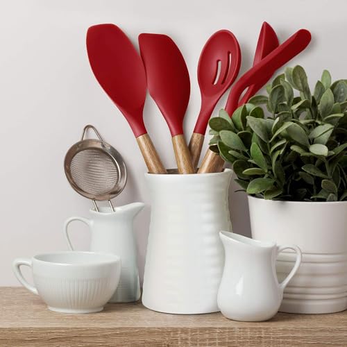 Image of Non-Stick Silicone Cooking Utensils Set, 5 Pcs With Wooden Handle, Heat Resistant Silicone Kitchen Gadgets (Red, 5)