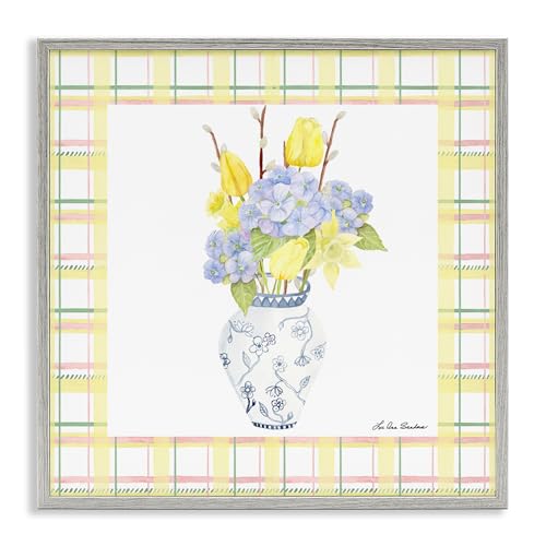 Vase printanier sur carreaux jaunes Stupell Industries, décoration murale haut de gamme 61x61 cm