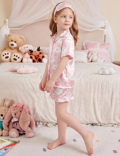 Image of Arshiner Girls Pajamas Silk Satin Pajama Set Button Pjs Ruffle Sleepwear | 2 Piece Nightwear, Silky Soft Lounge for Little & Big Kids, Ideal for Sleeping and Sleepover Party
