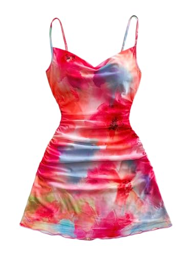 Women's Y2k Floral Tie Dye Cami Dress Vacation Summer Mesh Ruched Spaghetti Strap A Line Mini Dresses