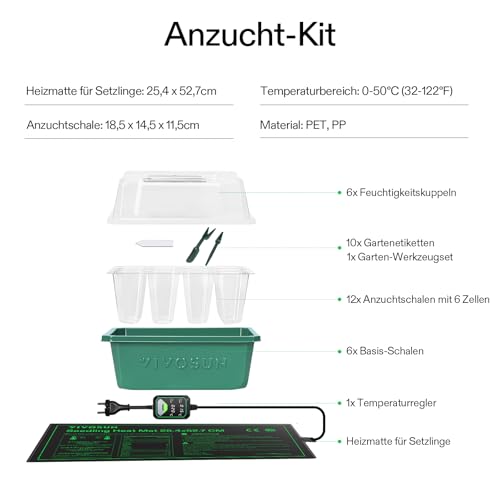 VIVOSUN 6er-Set Anzuchtset mit 72-Zellen-Saatgutschalen & Feuchtigkeitskuppel, inklusive 25,4×52,7 cm Pflanzen-Heizmatte, Wiederverwendbare Setzling-Schalen für Zimmerpflanzen, Gewächshaus & Garten