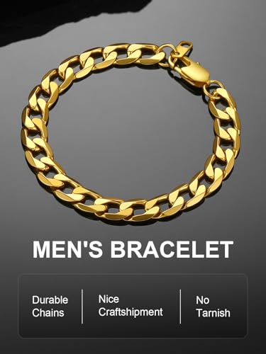 Image of Stainless Steel Cuban Link Bracelet for Men, Figaro Bracelet with Gift Box | Waterproof Daily Wear Bracelet, Durable Lobster Clasp, 6 /8 /9 /13mm Hypoallergenic&Non Tarnish, Silver /18K Gold Plated /Black