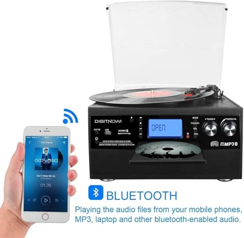 DIGITNOW 9-in-1 Record Player with Stereo Speaker, 3-Speed Turntable for Vinyl, CD/Cassette Player, Bluetooth, USB/SD Playback, AM/FM Radio, Aux-in, Remote Control (Black) - Thumbnail 4