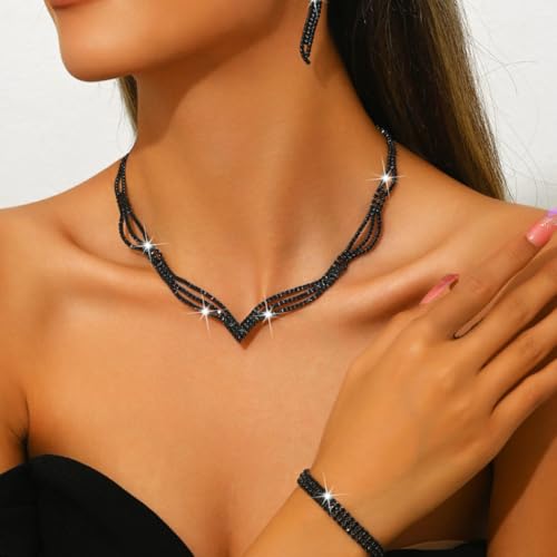 Aukmla Rhinestones Bridal Jewelry Set Silver Sparkly Bride Wedding Necklace Earrings Bracelet Sets Prom Jewelry for Women4