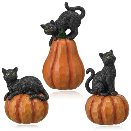 DoubleFill 3 Pcs Halloween Figurine Tabletop Decor Black Cat on Pumpkin