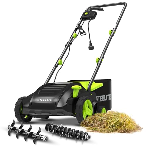 Steelite Dethatcher and Scarifier Electric 13AMP, 13 Inch Lawn Dethatcher with Removable 8-Gallon Collection Bag, 4-Position Height Adjustment, Ideal for Lawn Care, Green