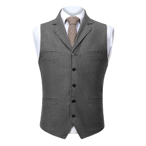 Mens Dress Vests Casual Work Notch Collared Business Tweed Vests Slim Fit Button Up Tuxedo Waistcoats Formal Vest