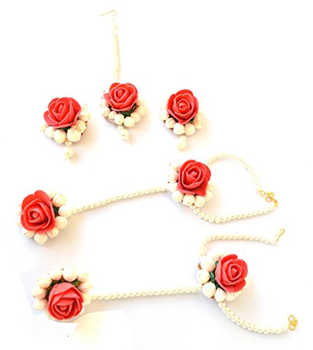 QUVYARTS Floret Jewellery Red Metal Rose Flower Earrings, Bracelets & Maang Tika for Women