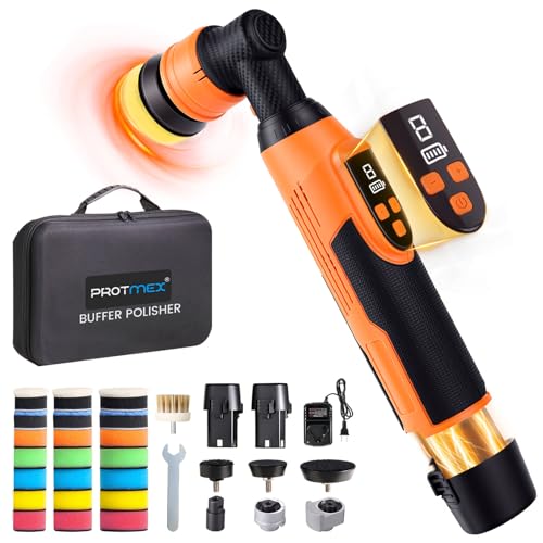 Protmex Cordless Mini Buffer Polisher - 30/40/50 MM Car Polisher w/ 8 Variable Speed 2500-6000RPM - RO/DA Car Polishing Machine w/ 22 Pads - Small Polisher for Car Detailing Polishing Waxing, Short