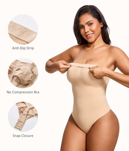 Strapless Thong Bodysuit for Women Seamless Tummy Control Shapewear Body Shaper -Removable Strap Tube Top Leotard3