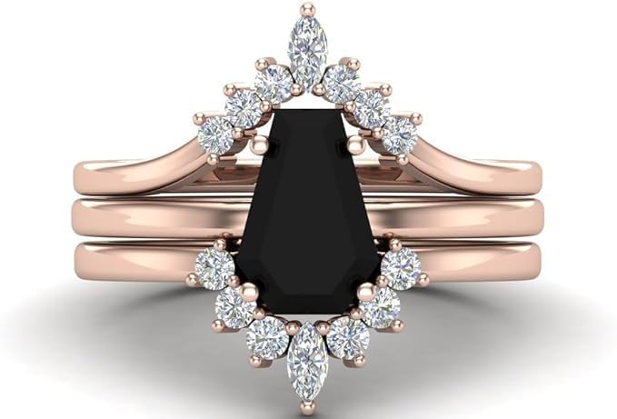 1CT-6CT Coffin Shape Black Onyx Engagement Ring Set Coffin Cut Wedding Ring Set 3 Piece Bridal Ring Set For Women Silver Black Onyx Ring Women Unique Antique Anniversary Promise Rings3