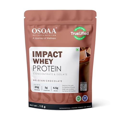 Image of OSOAA Impact Whey Protein 1kg- Belgian Chocolate | Isolate & Concentrate | 24g Protein & 3g Creatine with 5X Digestive Enzymes | Trustified Certified & NABL Lab Tested