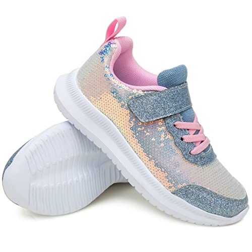 Toandon Girls Kids Sneakers Sequins Sparkle Shoes Breathable Lightweight Elastic Band Athletic Sport Running Walking Fashion Child Strap Non Slip Hook And Loop Closure Sneakers Pink Blue Size 13 #TOP2