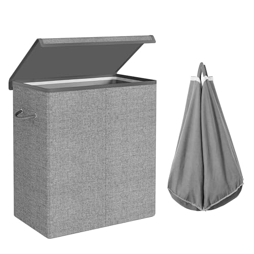 SONGMICS Laundry Basket, 142 L, 2 Compartments, Linen Fabric, with Divider for Clothes, Magnetic Lid, Handles and Removable Inner Bag, Foldable, Grey, LCB02G