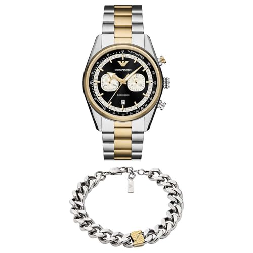 Emporio Armani Hombre Set Reloj Bicolor de Acero Inoxidable y Pulsera, Set