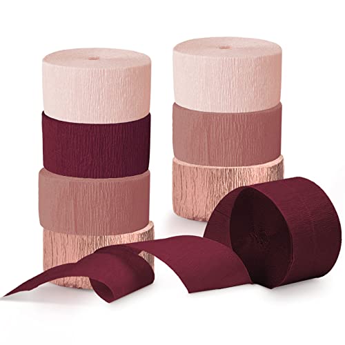 NICROLANDEE Lot de 8 rouleaux de papier crépon bordeaux et or rose pour anniversaire, décoration de mariage, fiançailles, mariage, fête de jeune fille, enterrement de vie de jeune fille