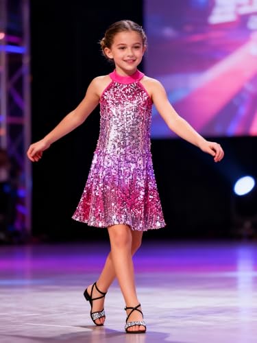 Image of WELAKEN Girls Ombre Sequin Dress Sparkly Fancy Short Puff Sleeves Gradient Party Dress