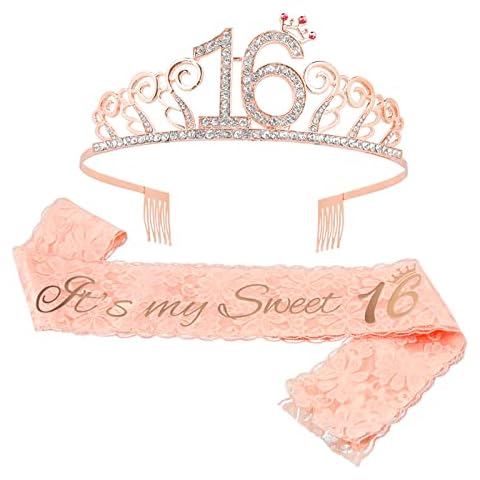 Basetousual 16th Birthday Sash Crown, 16th Birthday Rhinestone Crown, with 1 Lace Shoulder Strap for 16th Birthday, Birthday Crown in Rose Gold Cover
