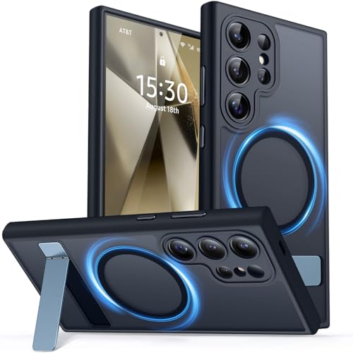Image of CANSHN Strong Magnetic & Seamless Stand Designed for Samsung Galaxy S24 Ultra Case [Full Camera Protection] [Adjustable Kickstand] [Compatible with MagSafe] Translucent Matte Phone Cover - Black