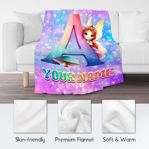 Blanket for Girls - Custom Kids Blankets with Name - Fairy Gifts for Toddlers Kids - Flannel Fuzzy Initial Throw for Sofa & Office