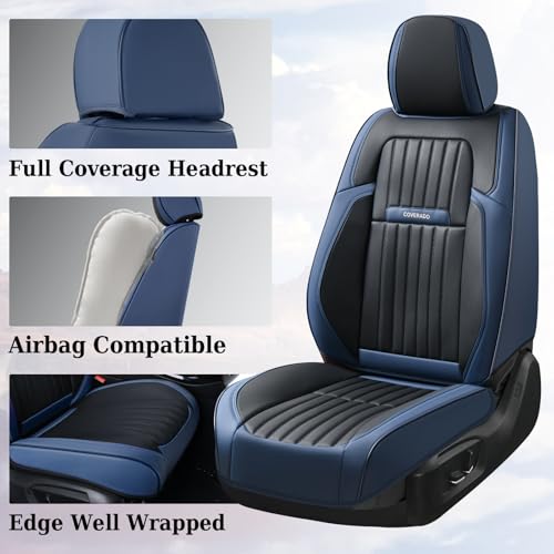 Image of Coverado Car Seat Covers Front, Seat Covers for Cars, Waterproof Car Seat Cushions, 2-Pack Leather Carseat Seat Protectors, Universal Seat Covers Fit for Most Sedans SUV Pick-up Trucks(Blue&Black)