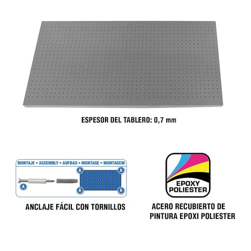SimonRack Werkzeugwand, 8 teiliges Hakenset, 120x40x3,5 cm, Metall-Lochwand, Halterungen, Montagematerial, Grau - Simonwork