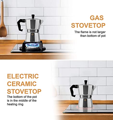 Image of Aluminum Moka Stove Coffee Maker, Moka Pot Coffee Maker for Gas or Electric Stove Top, 3 Cups (Silver)