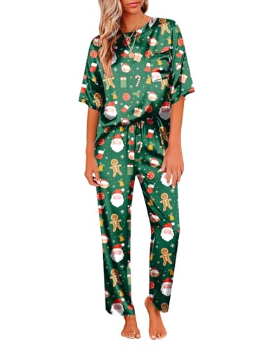Ekouaer Christmas Pajamas Holiday Festival Satin Christmas Pajamas Set Gift Lightweight Satin Pjs...