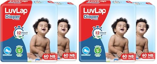 Image of LuvLap Pant Style Baby Diapers, Newborn (NB) For babies of upto 5kg, 120 Count (60x 2) with Aloe Vera Lotion for rash protection, with upto 12hr protection, Diapers (60 Count, Pack of 6)