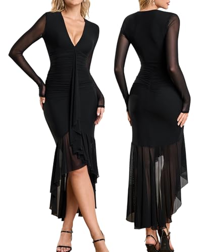 GLNEGE Long Sleeve Fall Wedding Guest Formal Dresses V Neck Ruffles Ruched Cocktail Bodycon Midi Dress for Women