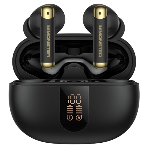 Monster N-Lite 211 Wireless Earbuds, Bluetooth 6.0 Stereo Headphones with Noise-Cancelling Mic and LED Display, Built-in Mic for Clear Calls, Waterproof Design for Sports