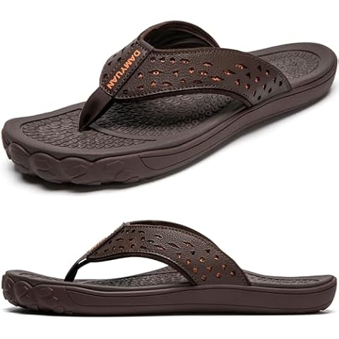 Damyuan Mens Thong Sandals Leather Flip Flops Indoor and Outdoor Beach Shower Shoes Slippers with Arch Support A Brown,12 Cover