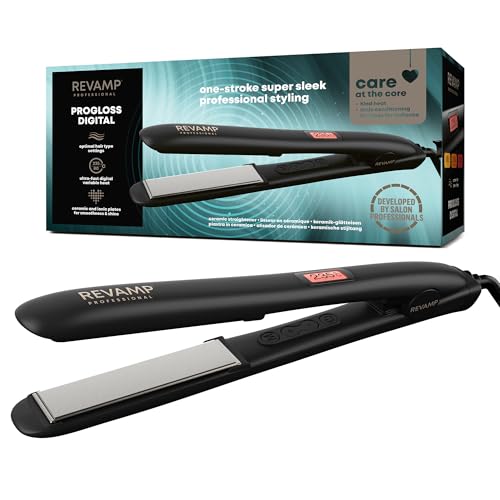 REVAMP Progloss Digital Ceramic Hair Straighteners - Slim, Lightweight, Salon Professional Straightening and Curling Hot Iron Styler, All Hair Type, Adjustable Temperature, Worldwide Voltage - Black