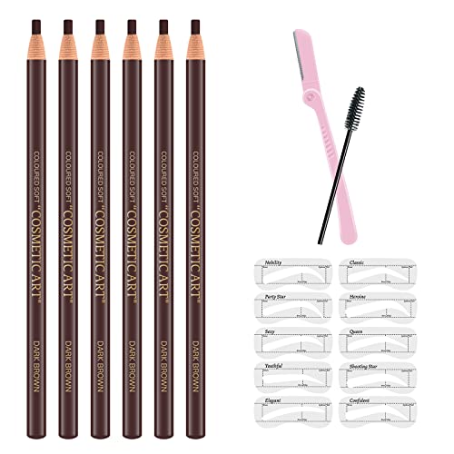 Ownest 6 Pcs Pull Cord Peel-off Eyebrow Pencil Tattoo Makeup and Microblading Supplies Set for Marking, Filling and Outlining, Waterproof and Durable Permanent Eyebrow Liner -Dark Brown