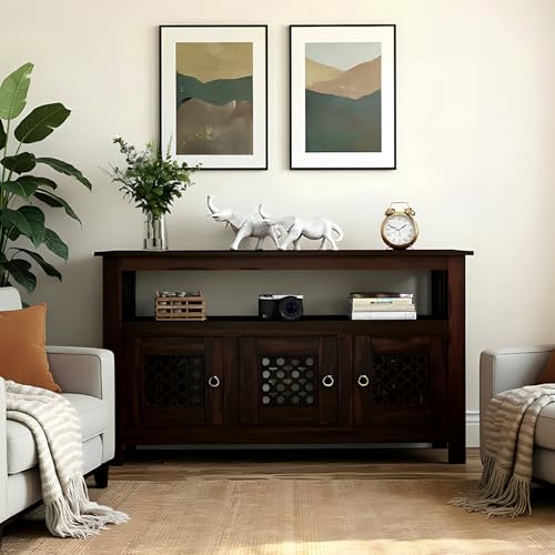 Image of Amazon Brand - Solimo Solid Sheesham Wood Jharokha Sideboard Cabinet with 3 Doors & 1 Open Shelf | Multipurpose Wooden Storage Organizer for Bedroom, Living Room, Kitchen Home & Office (Walnut Finish)