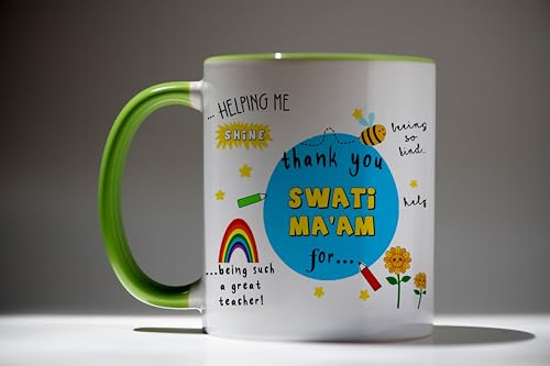 Image of DAYS Thank You Teacher Personalized Mug Custom Teacher's Name Best Teacher Gift, Teacher on Birthday Helping Me to Grow Ceramic Mug 11oz (Green Mug)