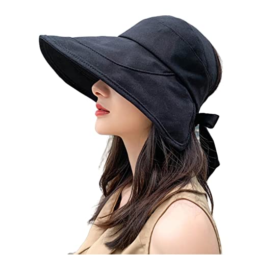 BUCROS Sombrero para El Sol Sol Summer Summer Ladies Ponytail Sol Borro Ancho Anti-UV Beh Beach Gat, Ladies Sun Gathable Plegable-Black,56-58Cm