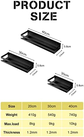 Rustproof Metal Storage Floating Shelf Wall Mounted Rectangular Shelf Bedroom, Bathroom, Living Room, Kitchen and Laundry Room, Nail Free Floating Shelf Wall Mounted Storage Shelf (40cm Black)