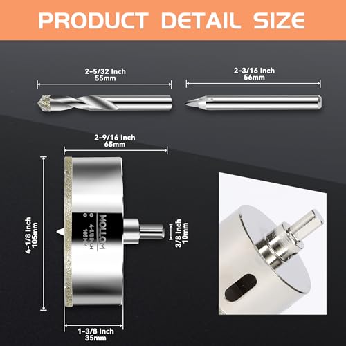Image of MOLLOM 4-1 /8 inch (105mm) Diamond Hole Saw with 2 Pilot Drill Bit | Tile Hole Saw Smooth Cutting Porcelain Tiles,Ceramic,Marble,Granite